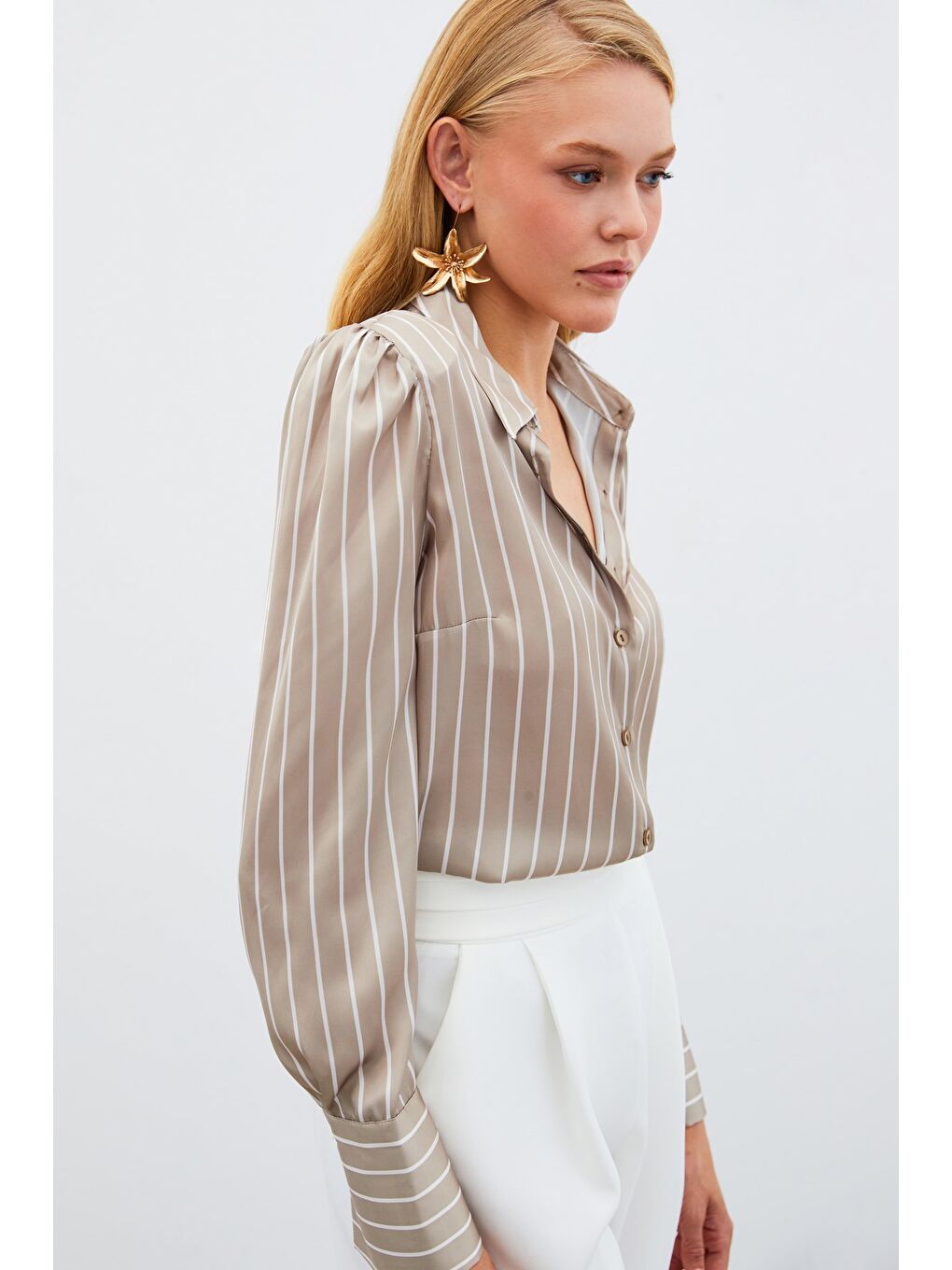 Vatkalı Çizgili Gömlek - Bej-1