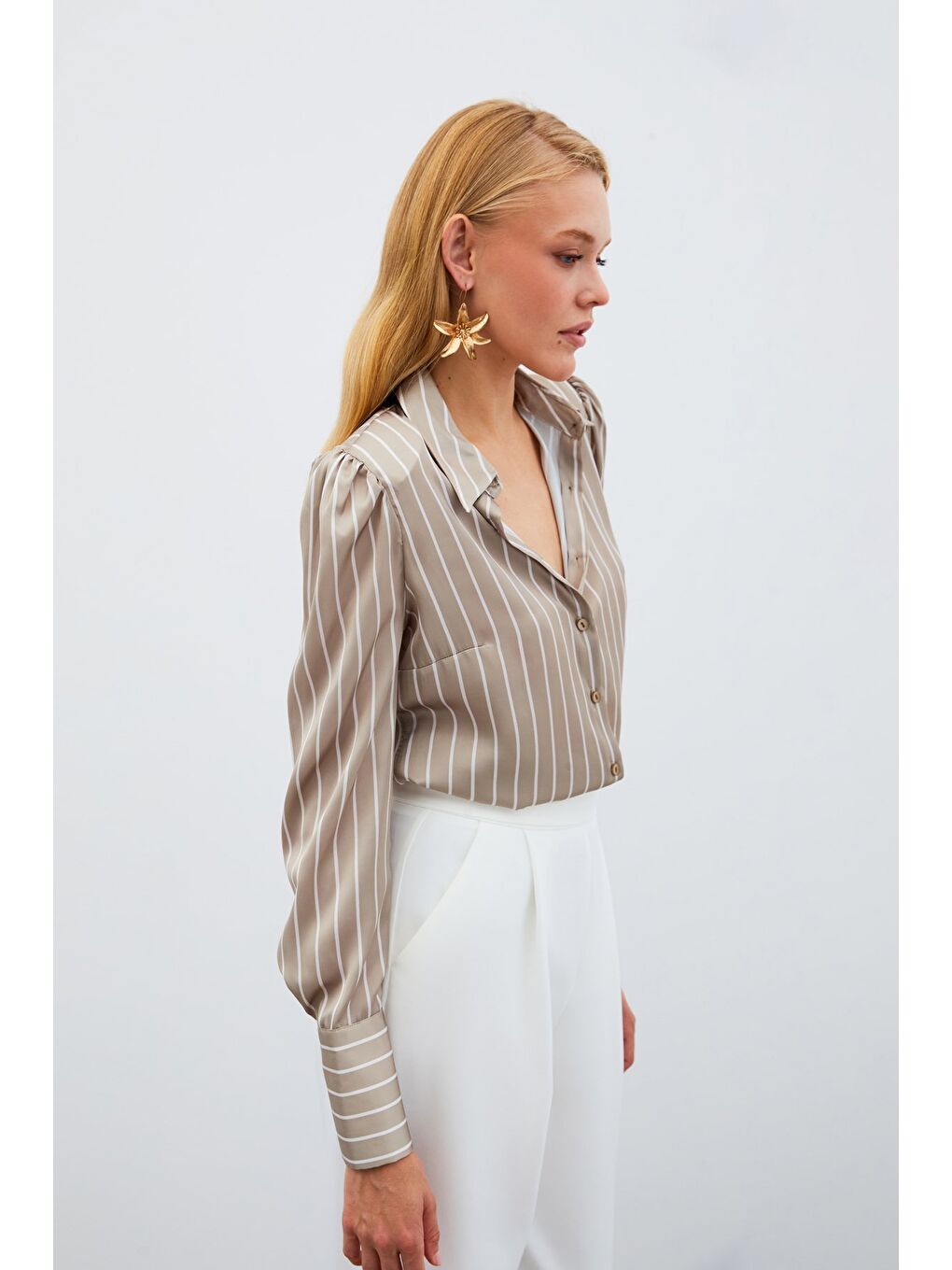 Vatkalı Çizgili Gömlek - Bej-2