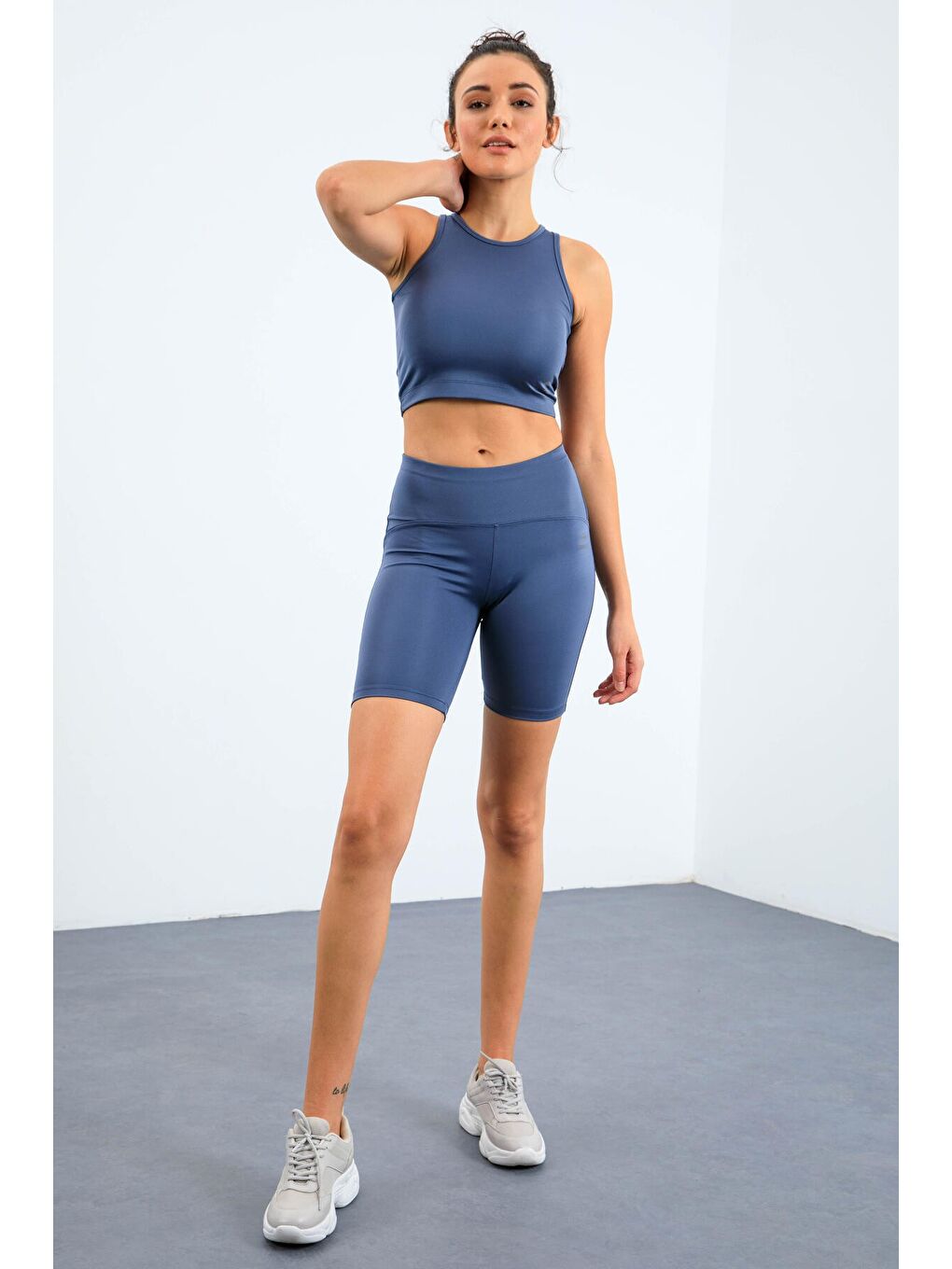 Petrol Yüksek Bel Toparlayıcı Dar Kalıp Crop Biker Kadın Tayt Takım - 95302-1