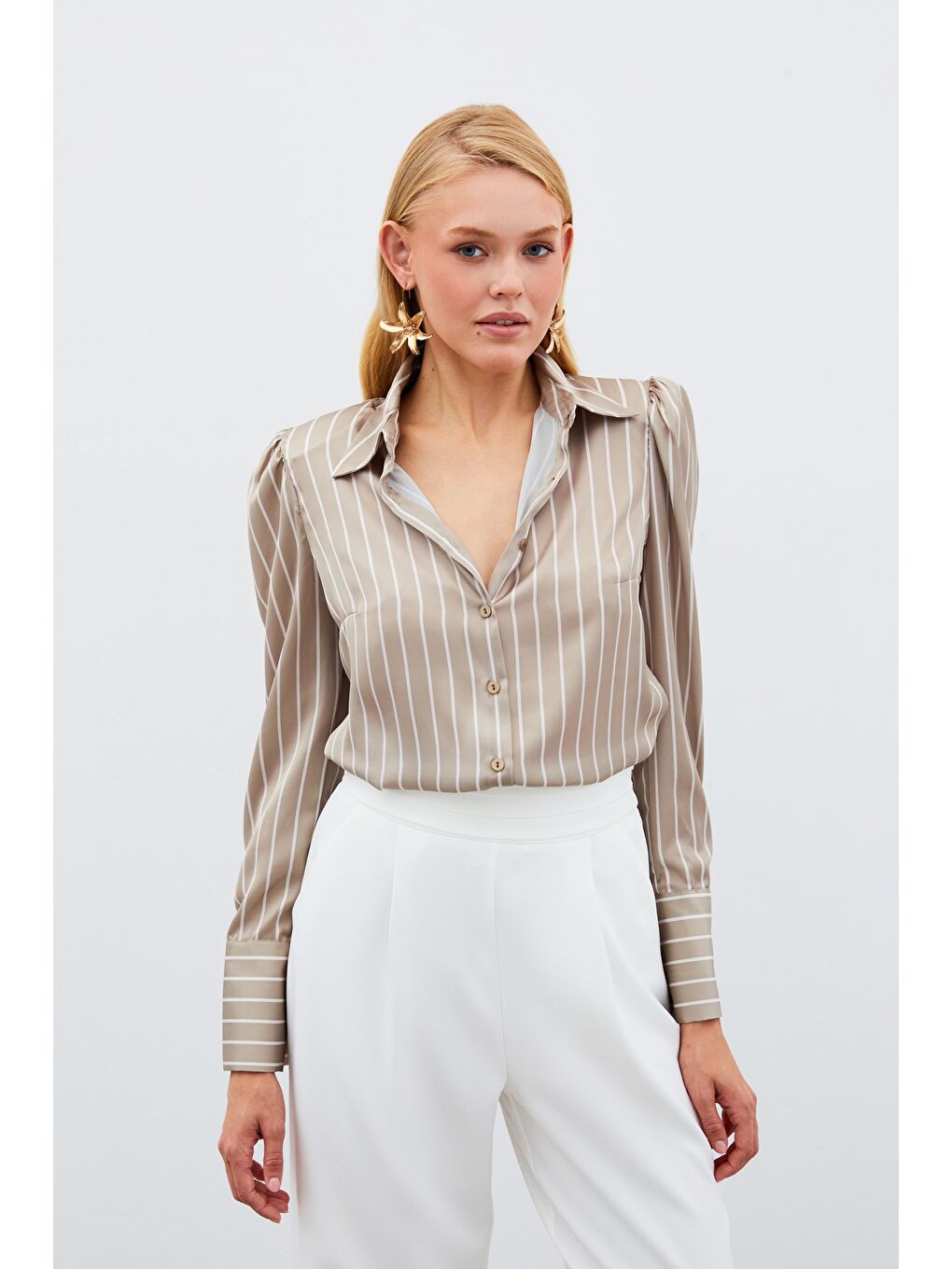 Vatkalı Çizgili Gömlek - Bej-3