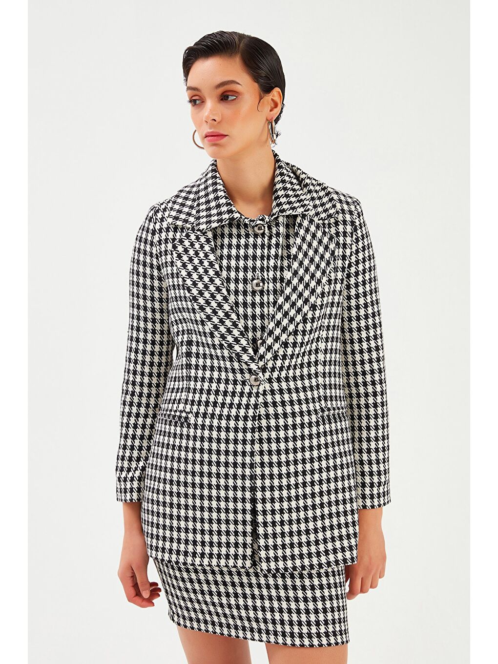 Kazayağı Desenli Ceket - Siyah-5