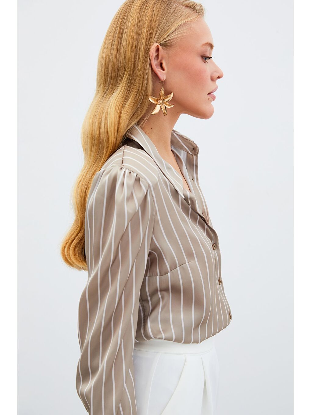 Vatkalı Çizgili Gömlek - Bej-4