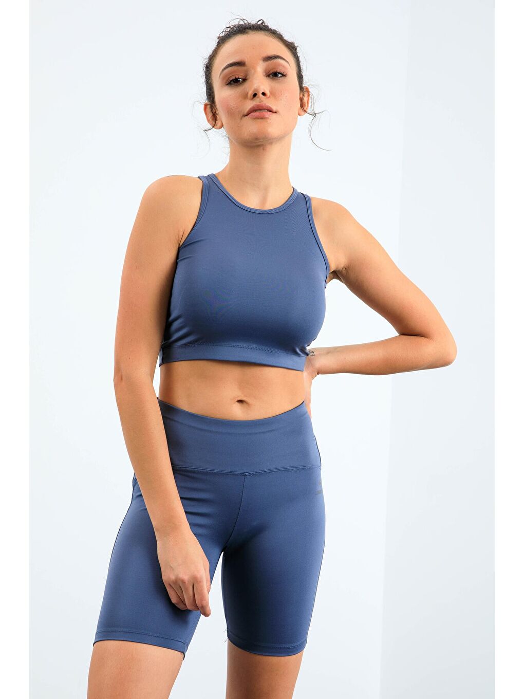 Petrol Yüksek Bel Toparlayıcı Dar Kalıp Crop Biker Kadın Tayt Takım - 95302-3