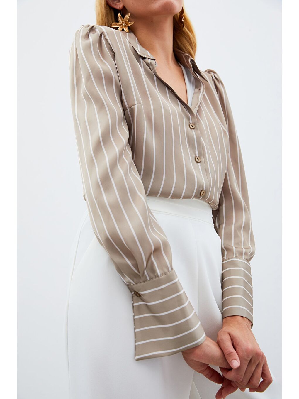 Vatkalı Çizgili Gömlek - Bej-5