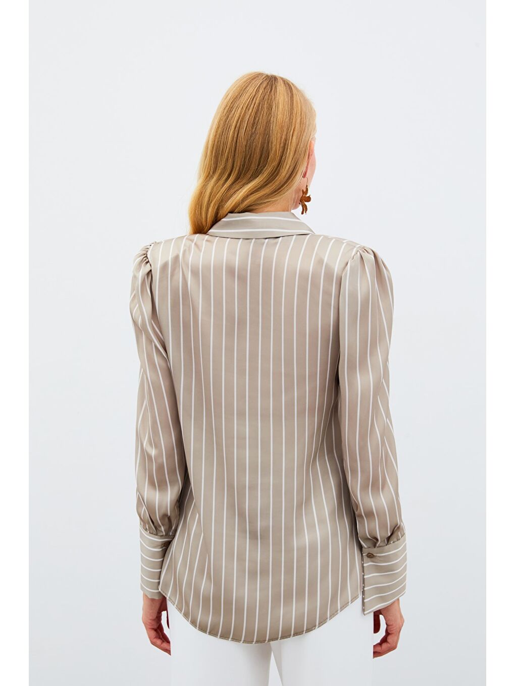Vatkalı Çizgili Gömlek - Bej-6
