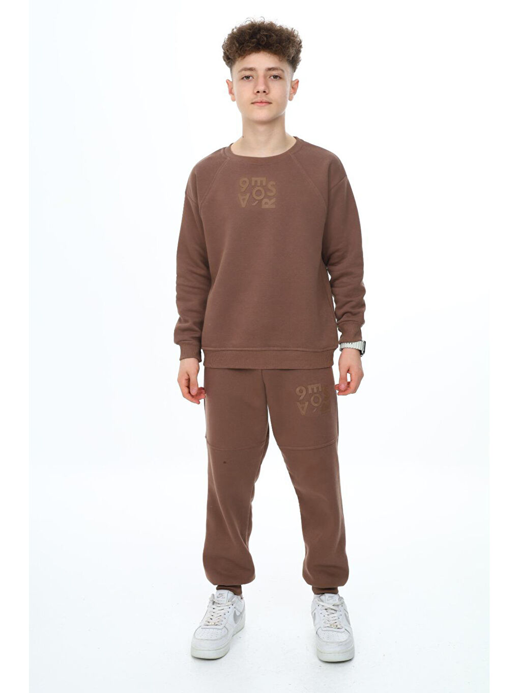 Kahverengi Kahve Yazı Baskılı Bisiklet Yaka Erkek Çocuk Şardonlu Eşofman Takımı 19349