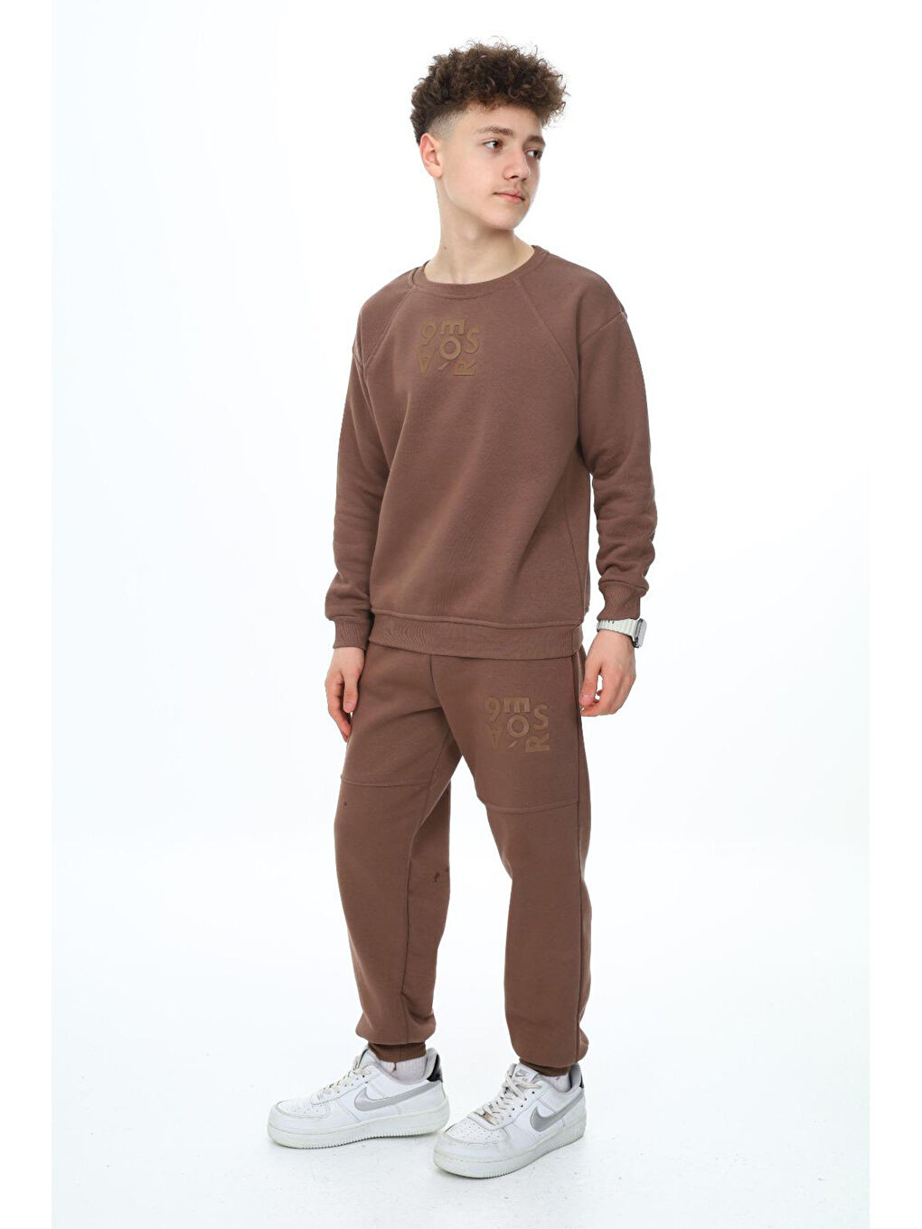 Kahverengi Kahve Yazı Baskılı Bisiklet Yaka Erkek Çocuk Şardonlu Eşofman Takımı 19349-1