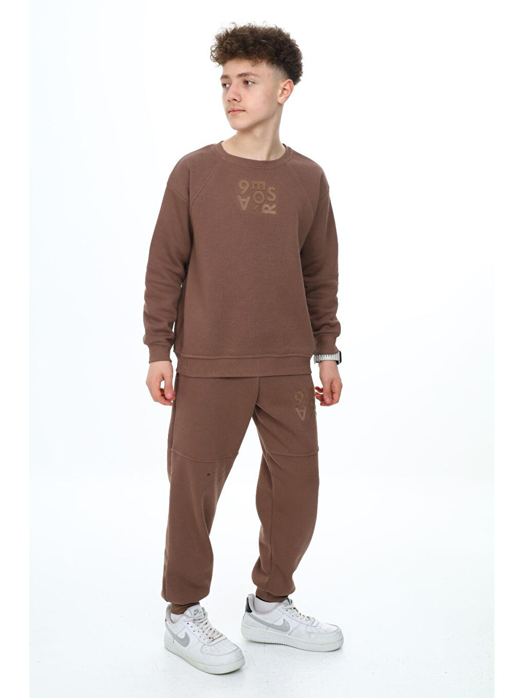 Kahverengi Kahve Yazı Baskılı Bisiklet Yaka Erkek Çocuk Şardonlu Eşofman Takımı 19349-2