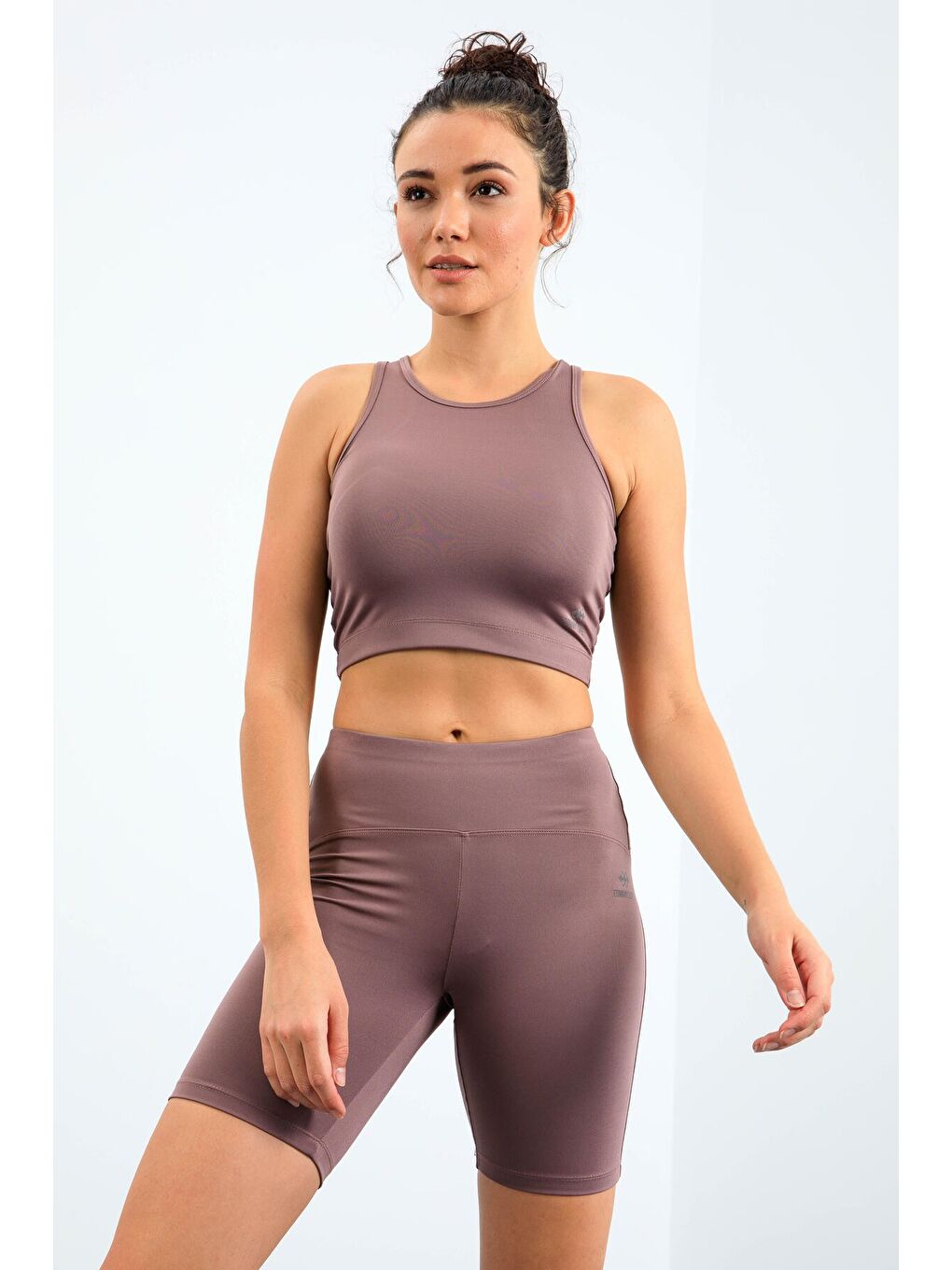 Pembe Gül Kurusu Yüksek Bel Toparlayıcı Dar Kalıp Crop Biker Kadın Tayt Takım - 95302