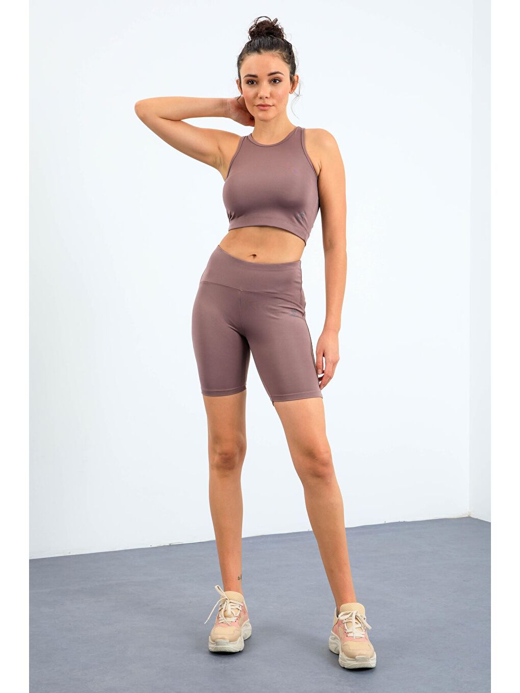 Pembe Gül Kurusu Yüksek Bel Toparlayıcı Dar Kalıp Crop Biker Kadın Tayt Takım - 95302-1