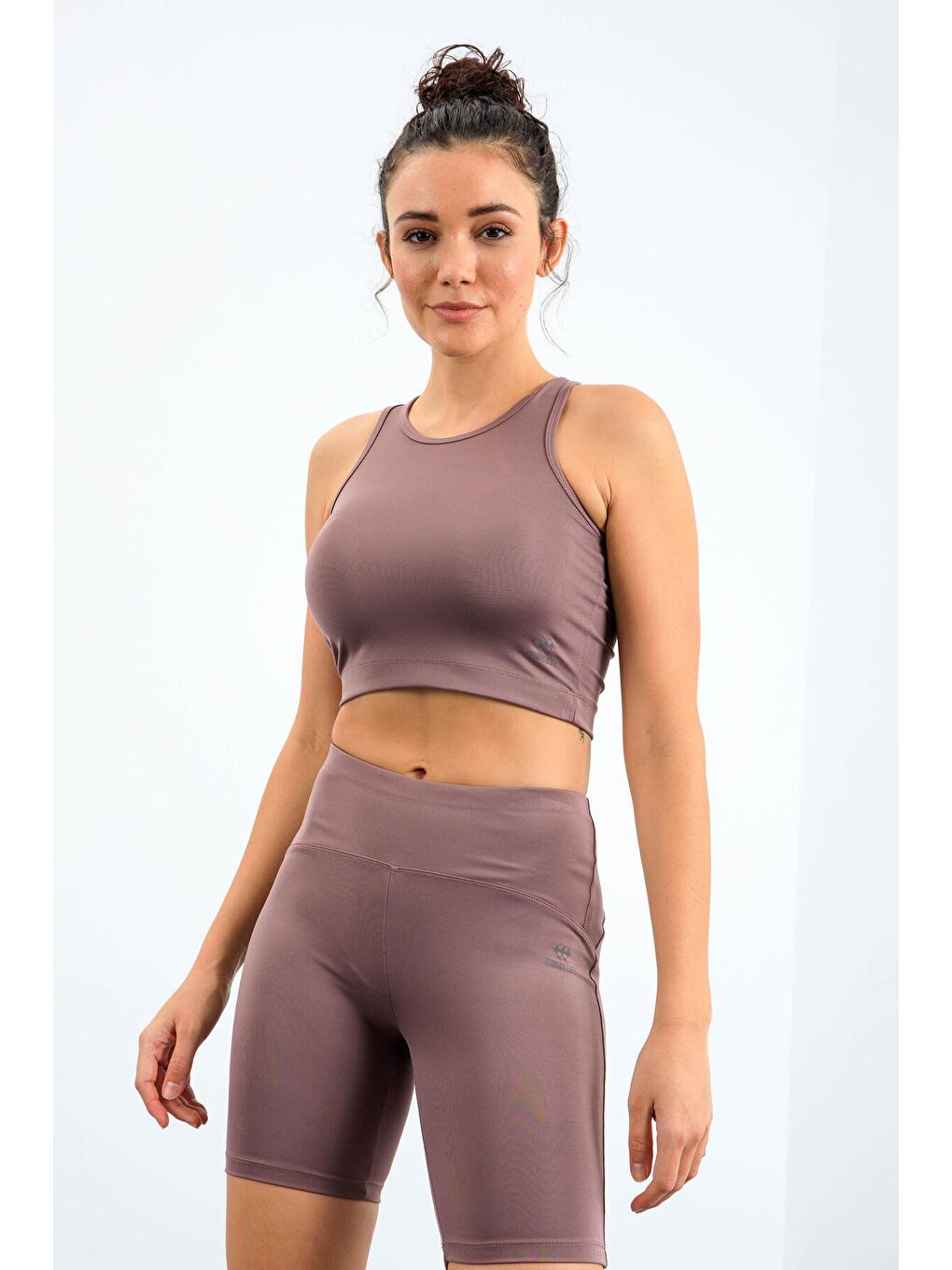 Pembe Gül Kurusu Yüksek Bel Toparlayıcı Dar Kalıp Crop Biker Kadın Tayt Takım - 95302-3