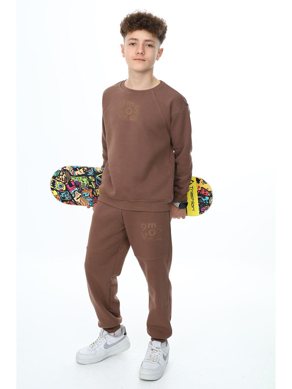 Kahverengi Kahve Yazı Baskılı Bisiklet Yaka Erkek Çocuk Şardonlu Eşofman Takımı 19349-3