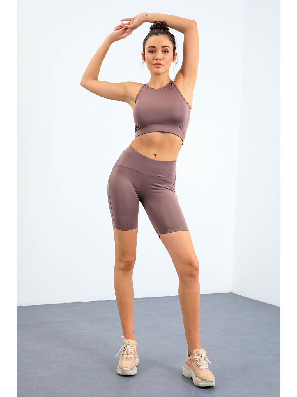 Pembe Gül Kurusu Yüksek Bel Toparlayıcı Dar Kalıp Crop Biker Kadın Tayt Takım - 95302-4