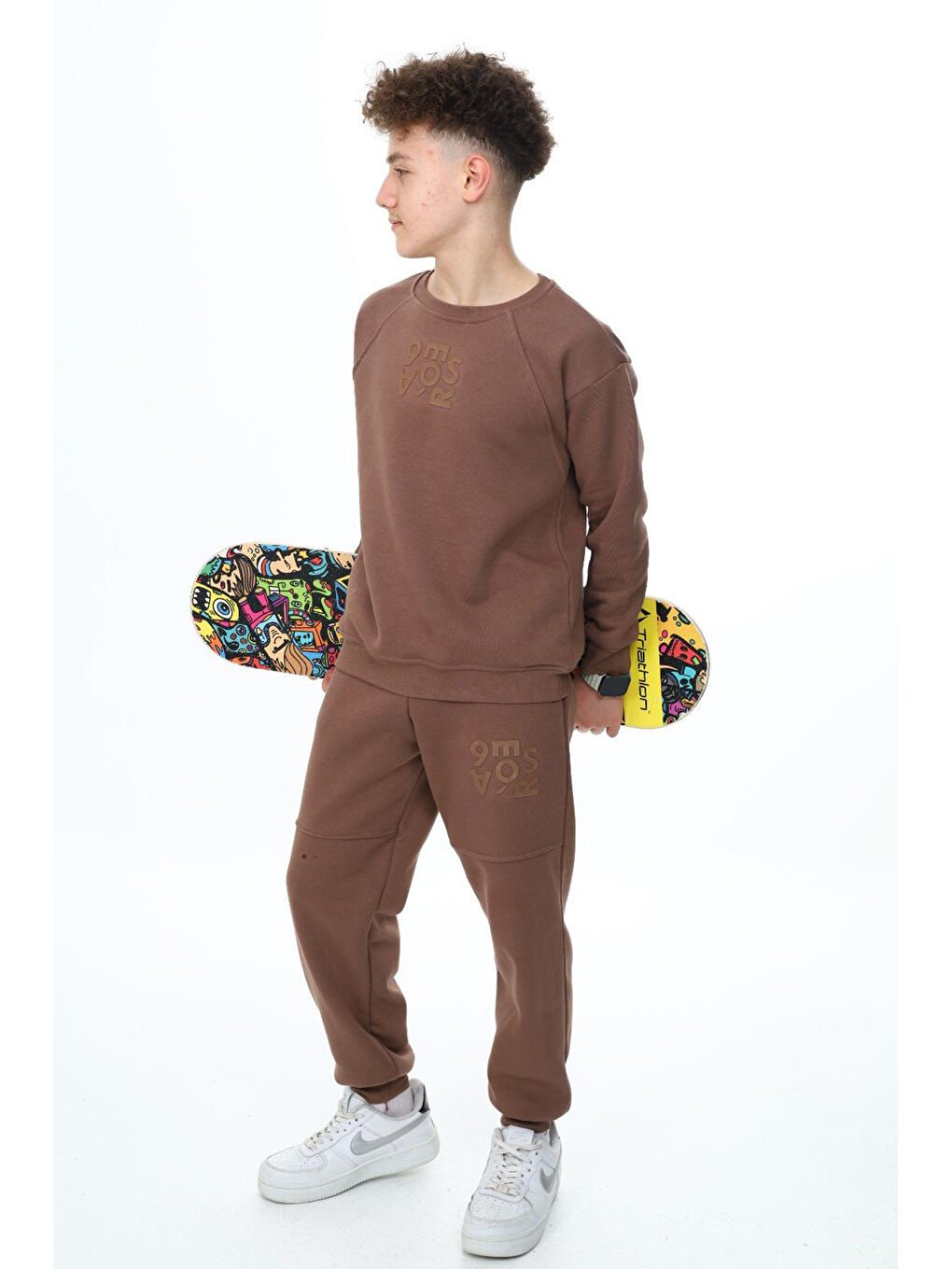 Kahverengi Kahve Yazı Baskılı Bisiklet Yaka Erkek Çocuk Şardonlu Eşofman Takımı 19349-4