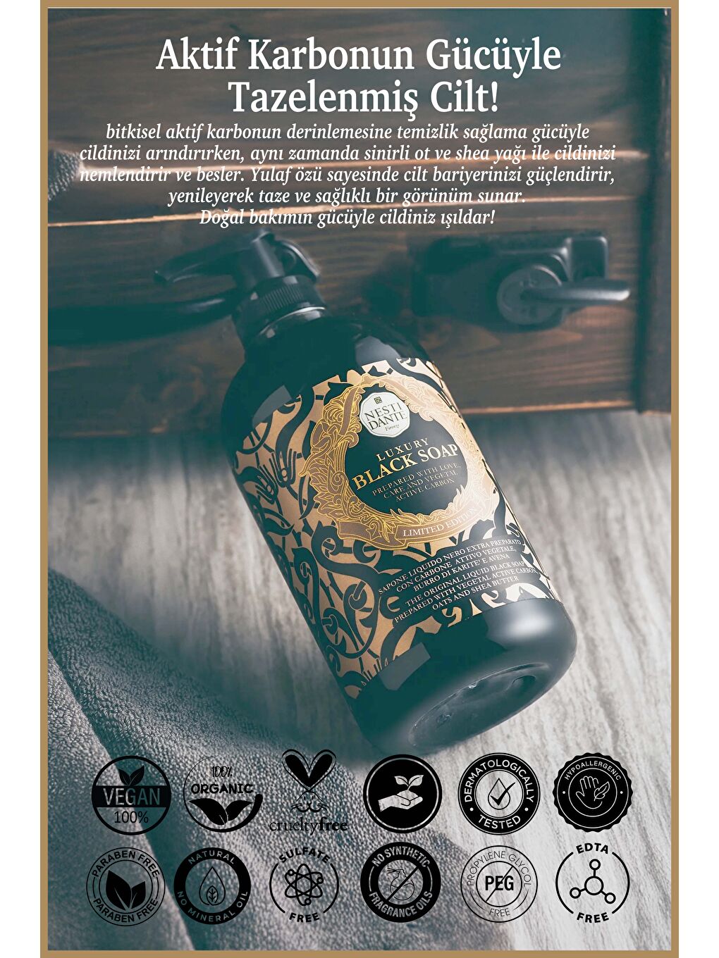 Luxury Black Aktif Karbon Sıvı Sabun 500ml l Gözenek Arındırıcı l Shea Yağı,Sümbül, Yase-1