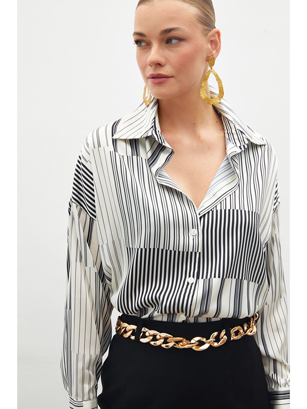 Çizgili Düz Gömlek - Siyah-2