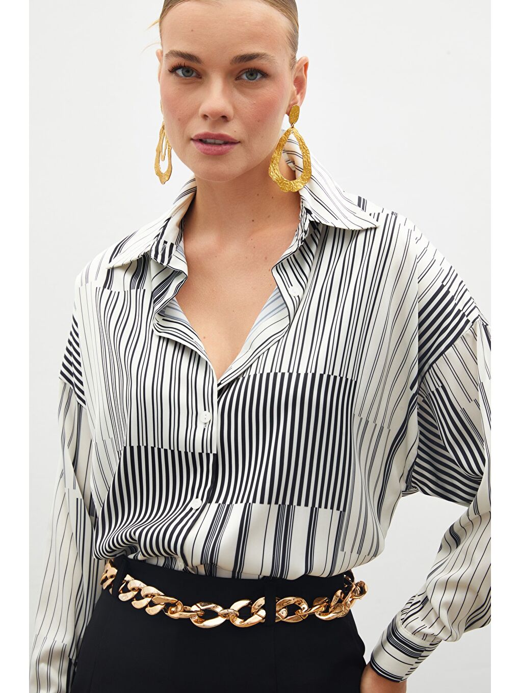 Çizgili Düz Gömlek - Siyah-3