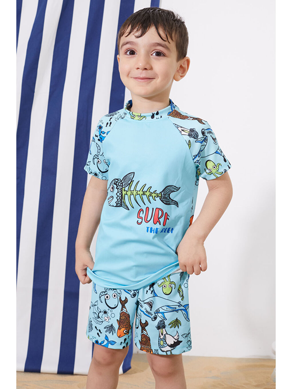 Mavi Balık Baskılı Erkek Çocuk Şortlu Mayo Takımı 19035-1