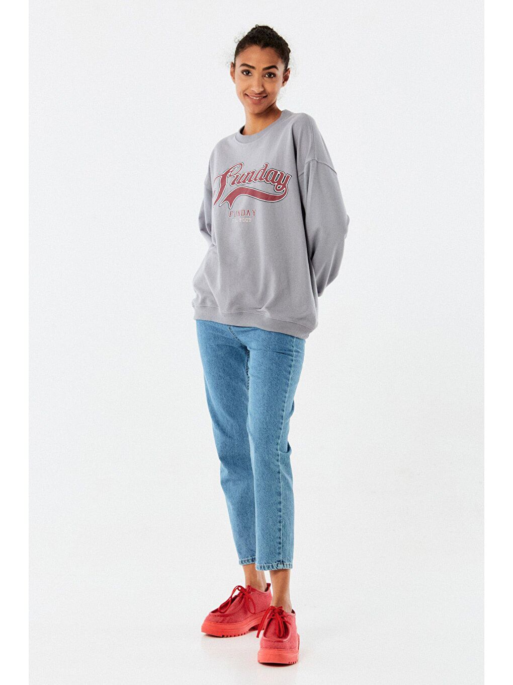 Mavi Sunday Baskılı Bisiklet Yaka Sweatshirt