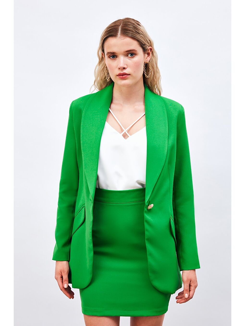 Düğme Detaylı Uzun Ceket - Yeşil-1