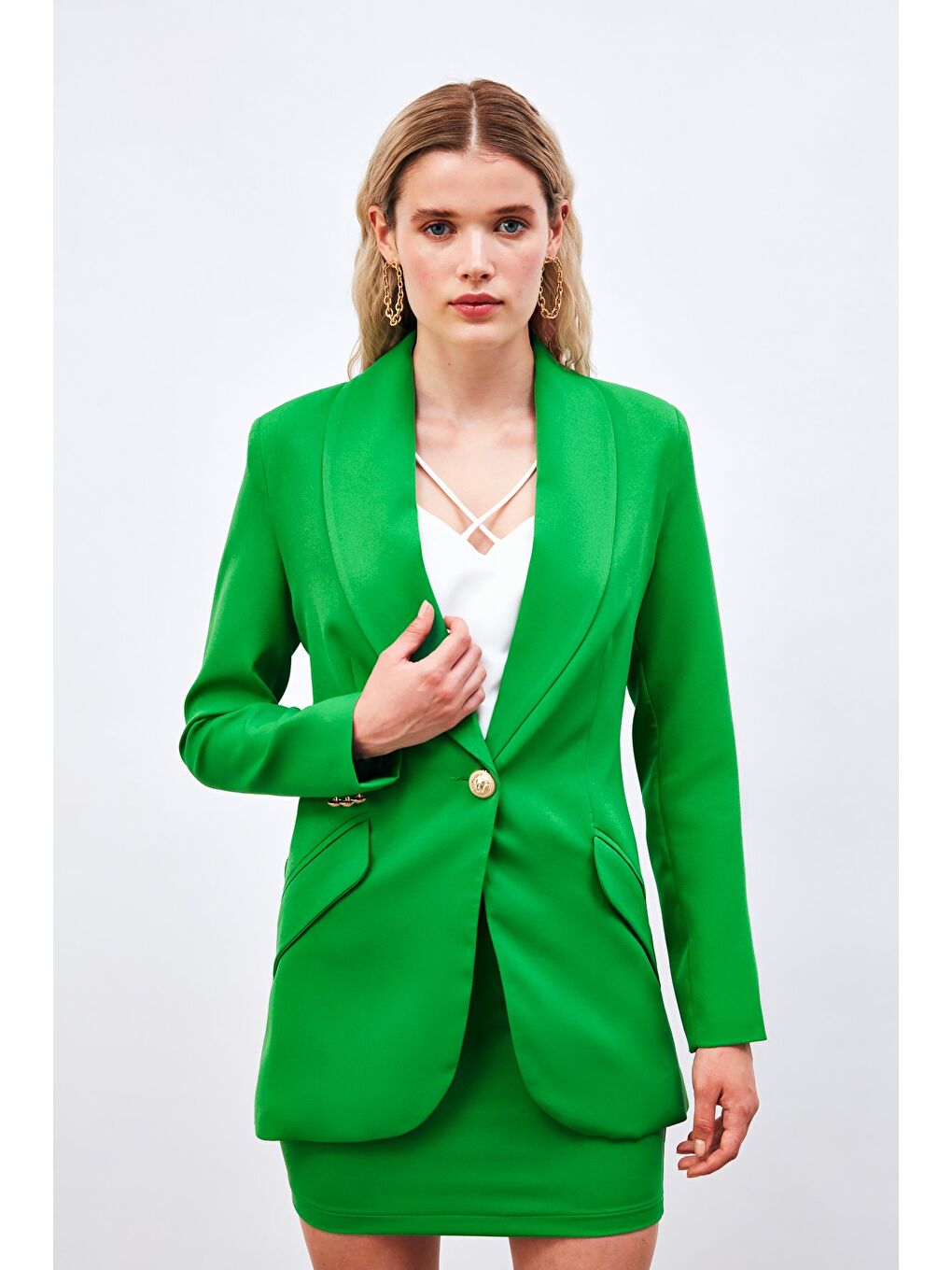 Düğme Detaylı Uzun Ceket - Yeşil-5