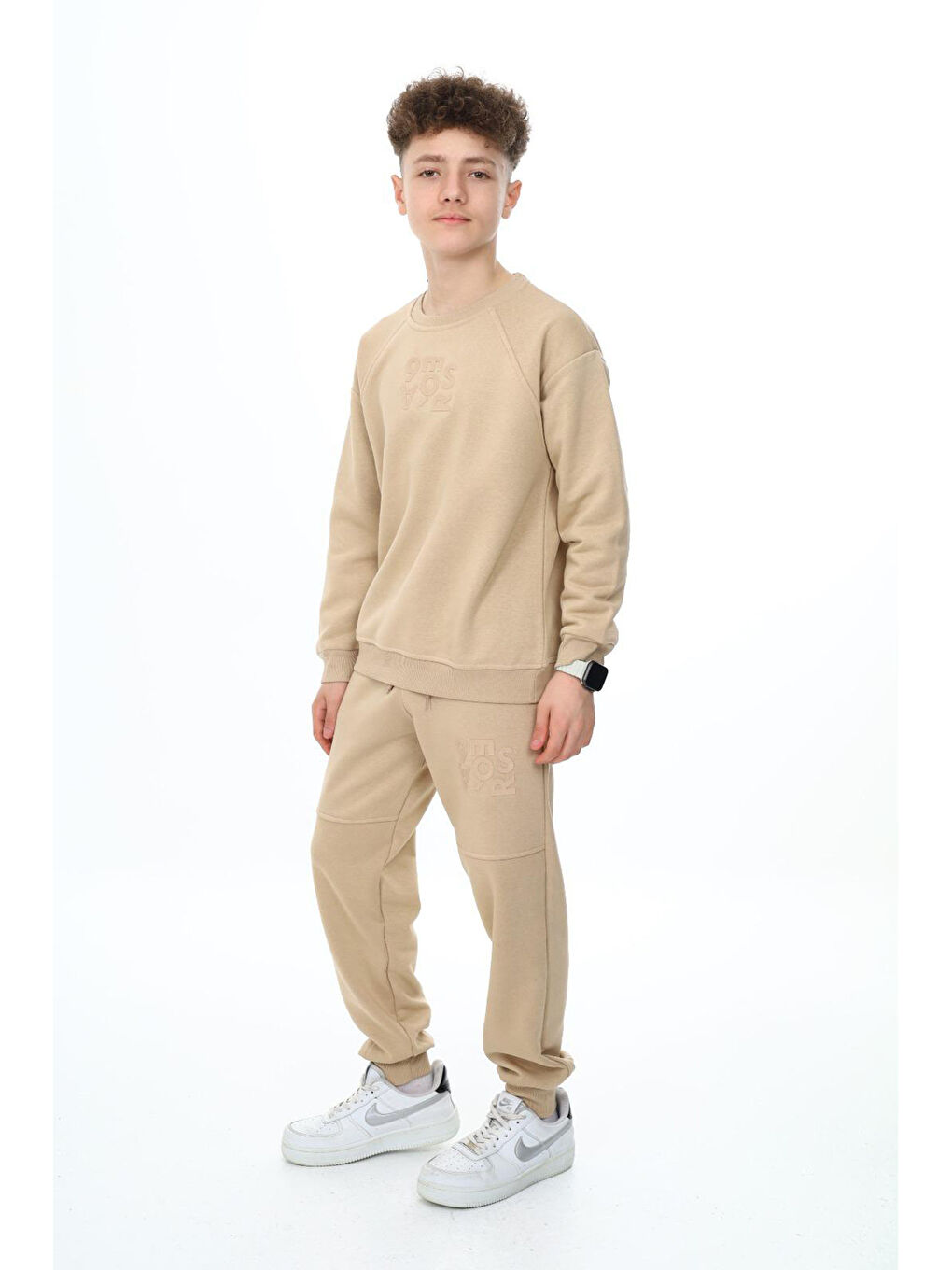 Bej Yazı Baskılı Bisiklet Yaka Erkek Çocuk Şardonlu Eşofman Takımı 19347-1