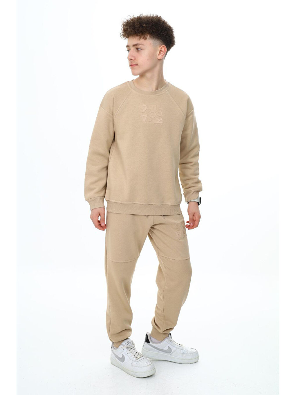 Bej Yazı Baskılı Bisiklet Yaka Erkek Çocuk Şardonlu Eşofman Takımı 19347-2