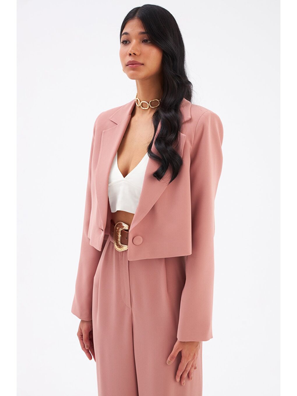 Pembe Kısa Krep Ceket - Gül Kurusu