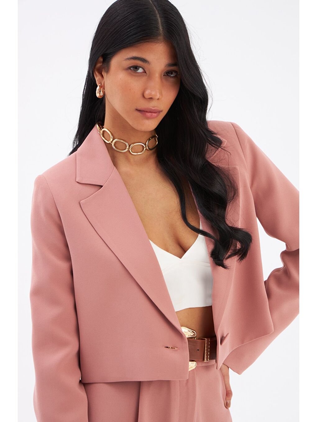 Pembe Kısa Krep Ceket - Gül Kurusu-1