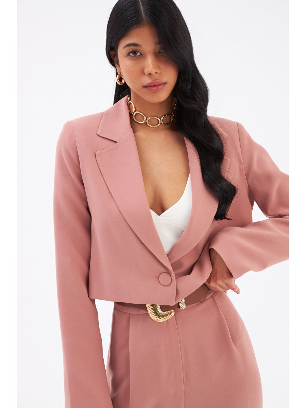 Pembe Kısa Krep Ceket - Gül Kurusu-2