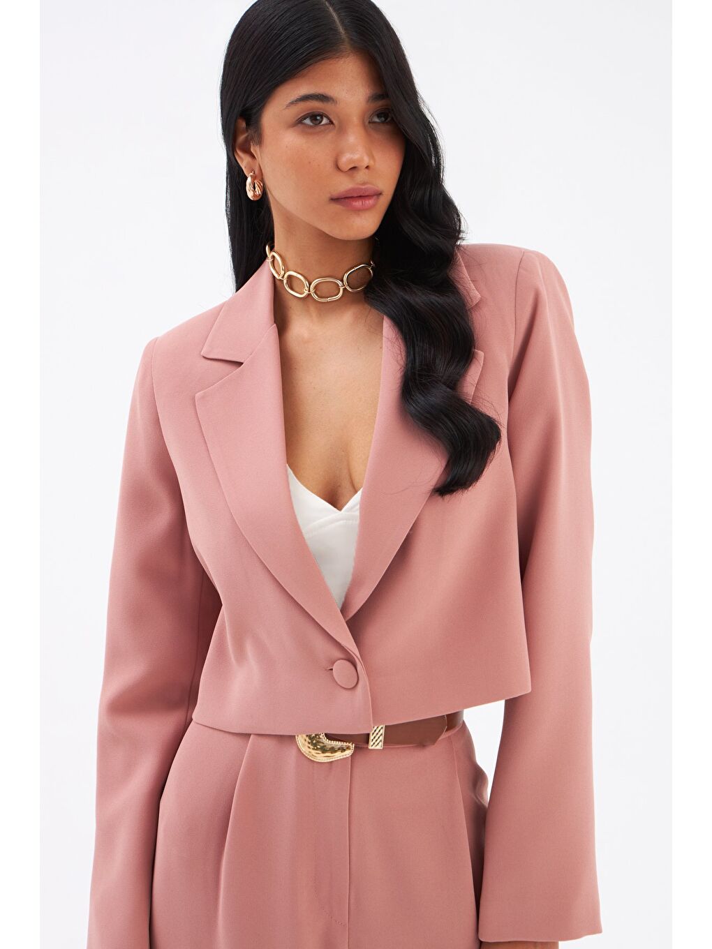 Pembe Kısa Krep Ceket - Gül Kurusu-3