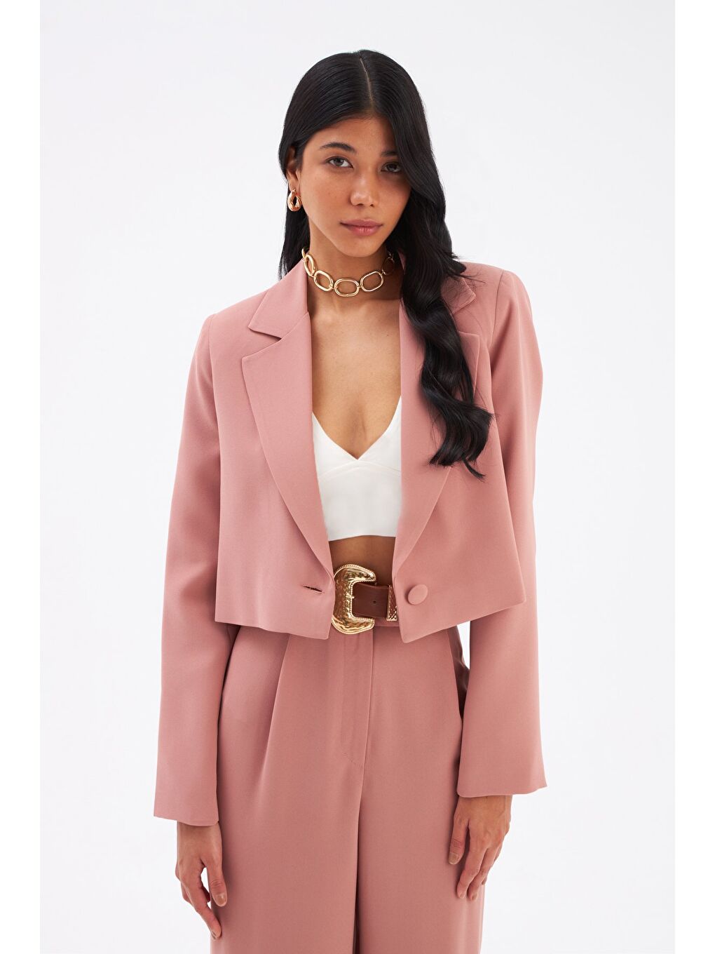 Pembe Kısa Krep Ceket - Gül Kurusu-4