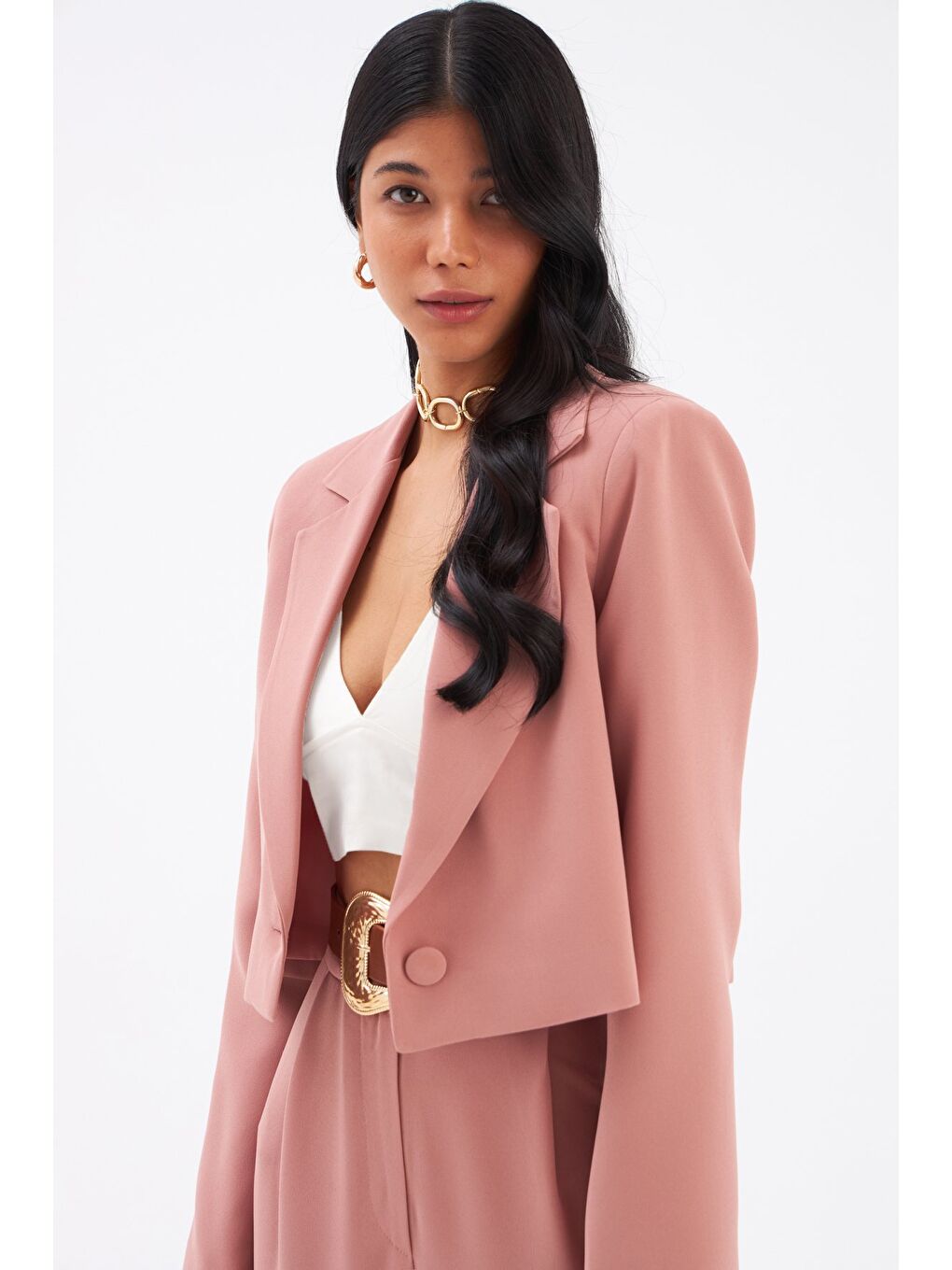 Pembe Kısa Krep Ceket - Gül Kurusu-5