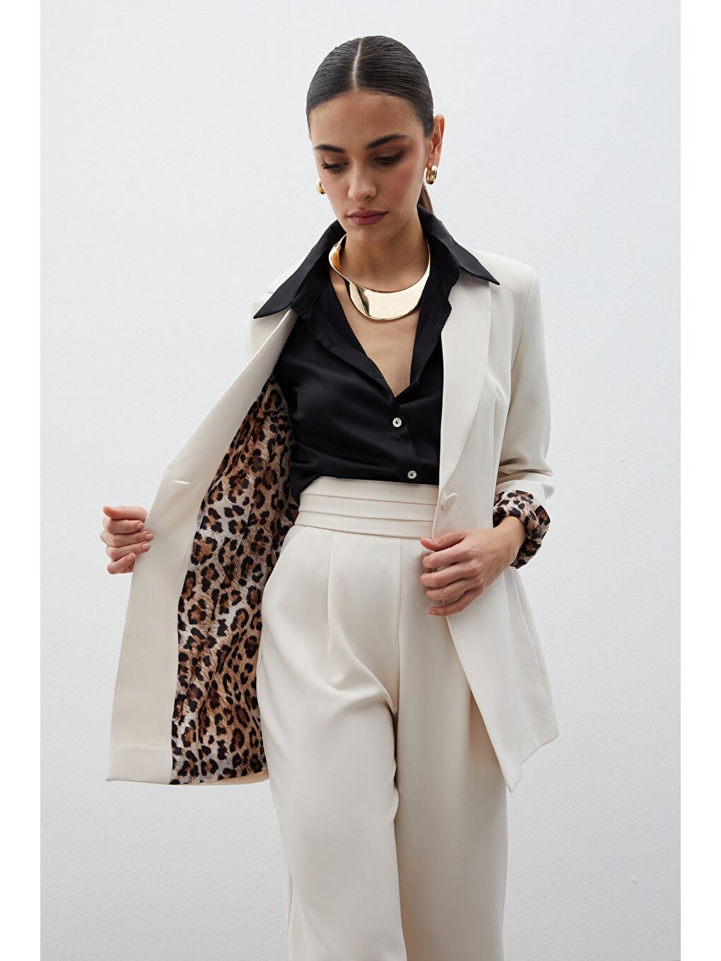 Bej Mono Yaka Klasik Ceket - Taş-3