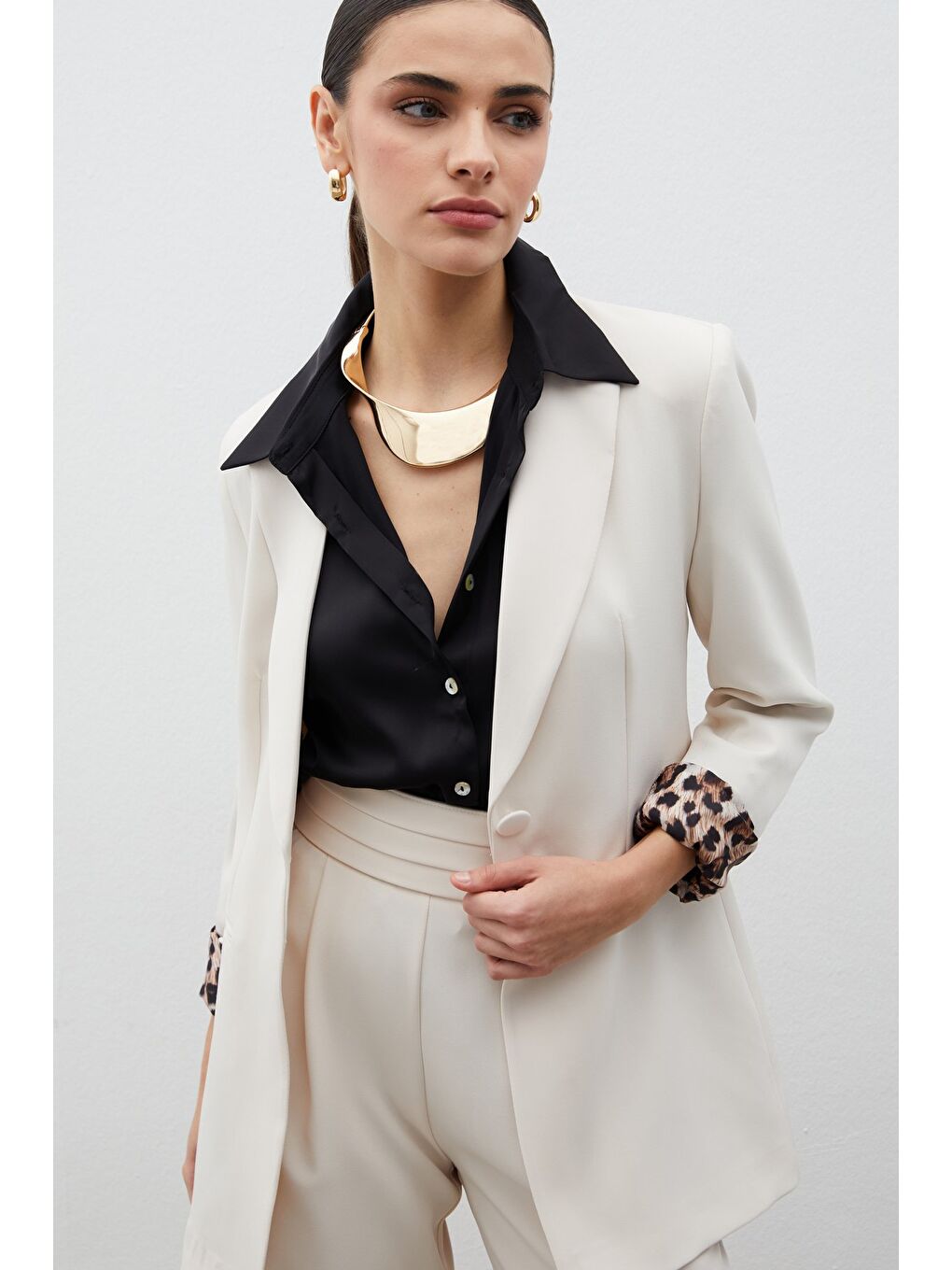 Bej Mono Yaka Klasik Ceket - Taş-4