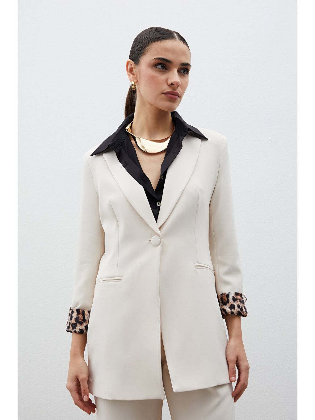 Bej Mono Yaka Klasik Ceket - Taş-5