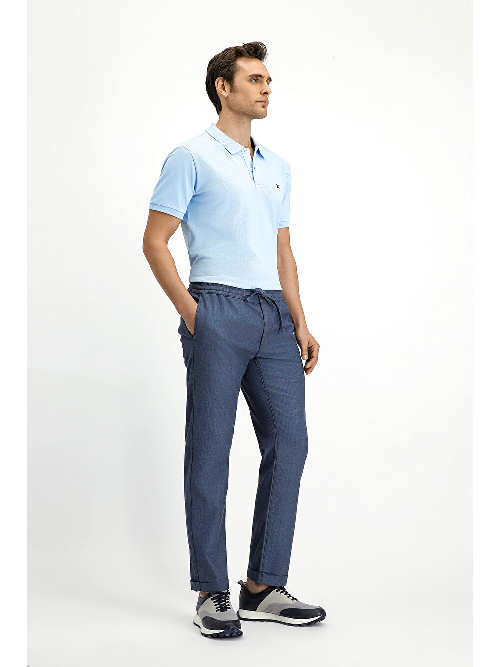 Mavi Slim Fit Dar Kesim Desenli Beli Lastikli İpli Elastanlı Pantolon-2