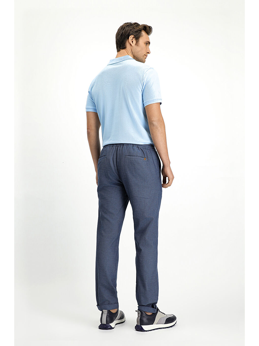 Mavi Slim Fit Dar Kesim Desenli Beli Lastikli İpli Elastanlı Pantolon-4