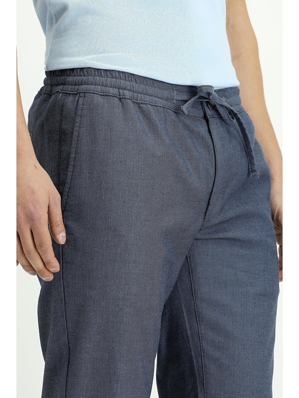 Mavi Slim Fit Dar Kesim Desenli Beli Lastikli İpli Elastanlı Pantolon-5