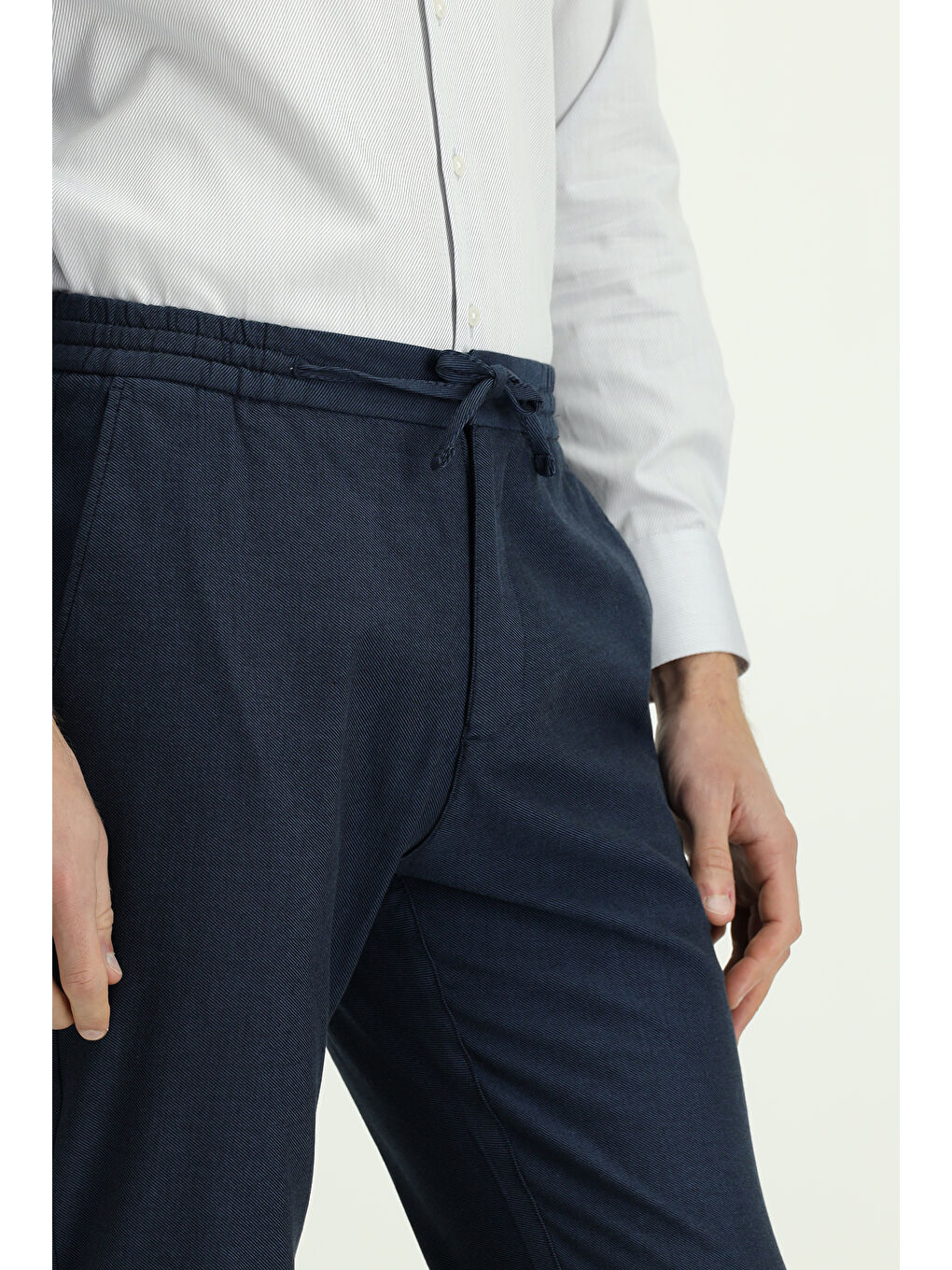 Lacivert Slim Fit Dar Kesim Desenli Beli Lastikli İpli Elastanlı Pantolon-4