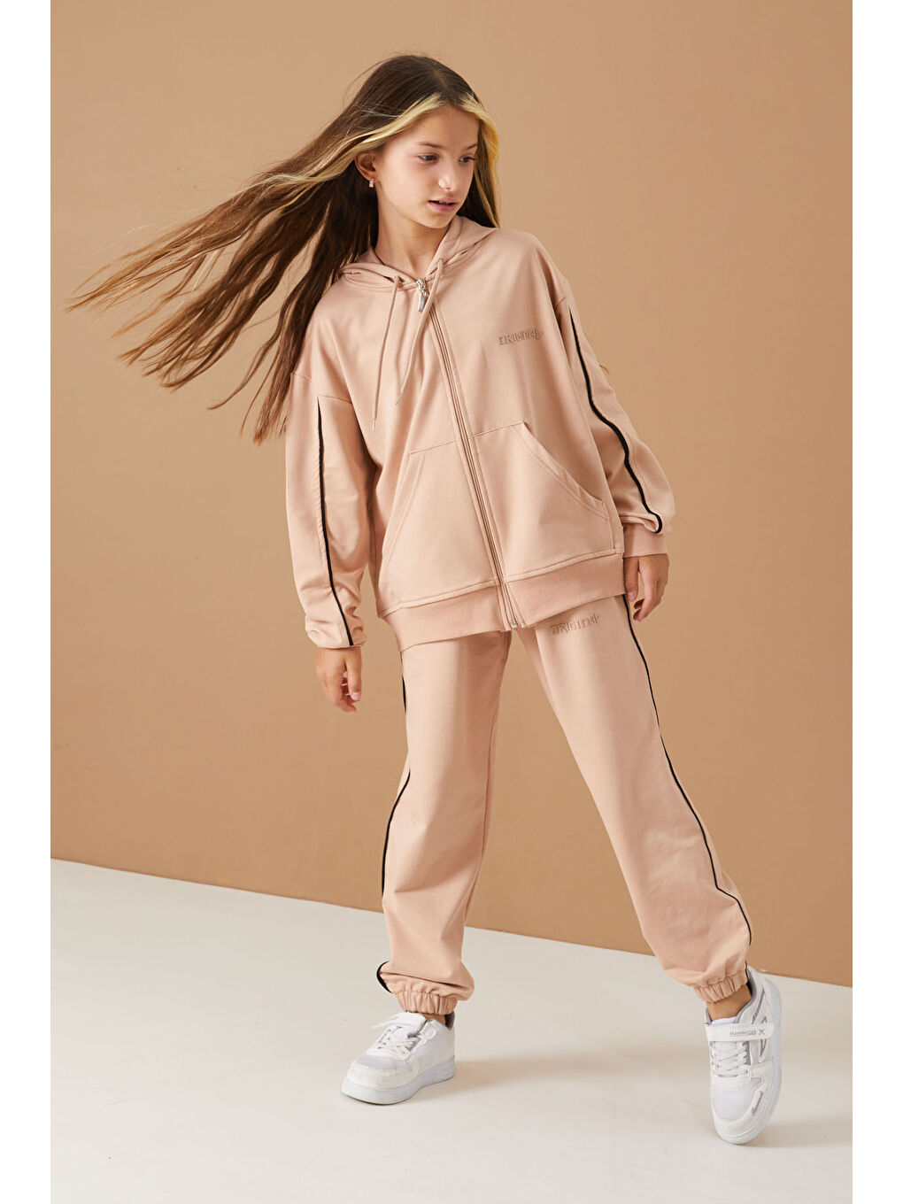 Bej Original Yazılı Hırkalı Kız Çocuk Eşofman Takımı 19488-1
