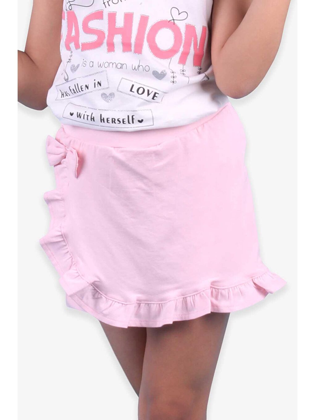 Pembe Kız Çocuk Etek Şort Fırfırlı Fiyonklu Pudra (1.5 Yaş)-1