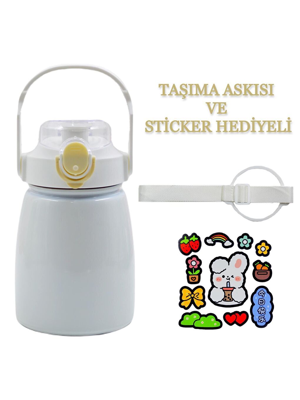 BottleBoss Pipetli Taşıma Askılı Sızdırmaz Paslanmaz Çelik Matara 850 Ml Sticker HEDİYELİ Beyaz - 1