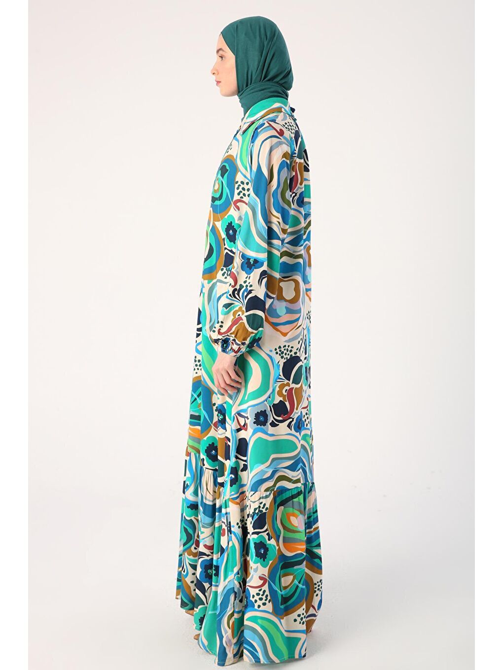 Bej-Lacivert Yarım Patlı Gömlek Yakalı Desenli Viskon Elbise-2