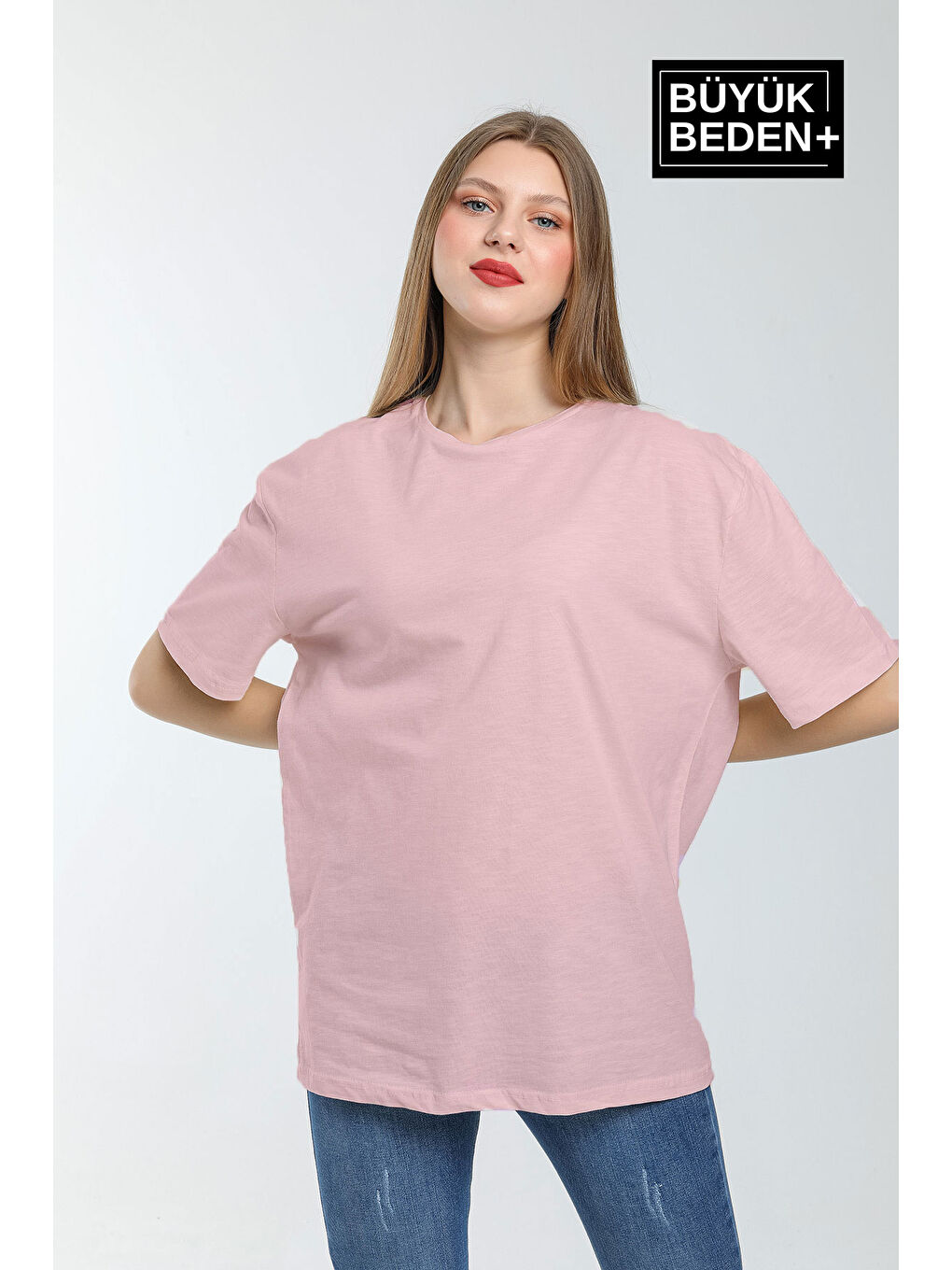 Pembe Kadın Büyük Beden Bisiklet Yaka Tshırt SPR25BTSK10