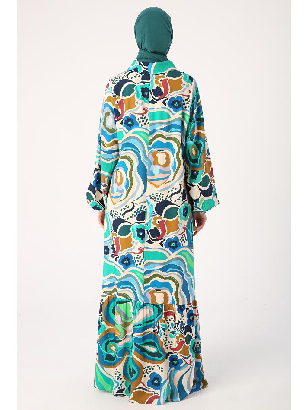 Bej-Lacivert Yarım Patlı Gömlek Yakalı Desenli Viskon Elbise-3