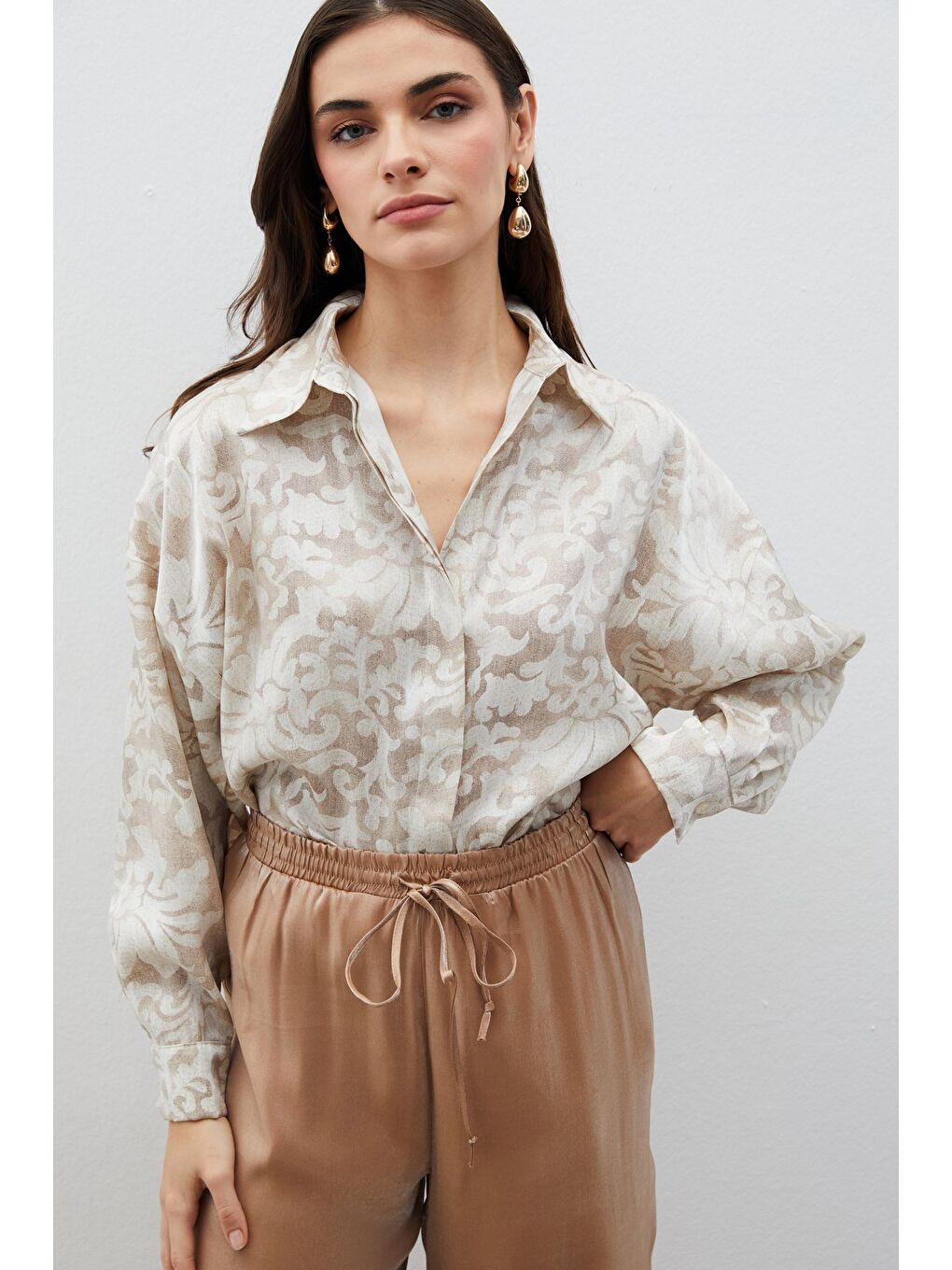 Bej Desenli Uzun Gömlek - Taş-2