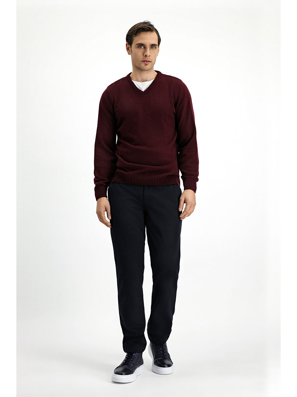 Bordo V Yaka Regular Fit Triko Büyük Beden Kazak-2