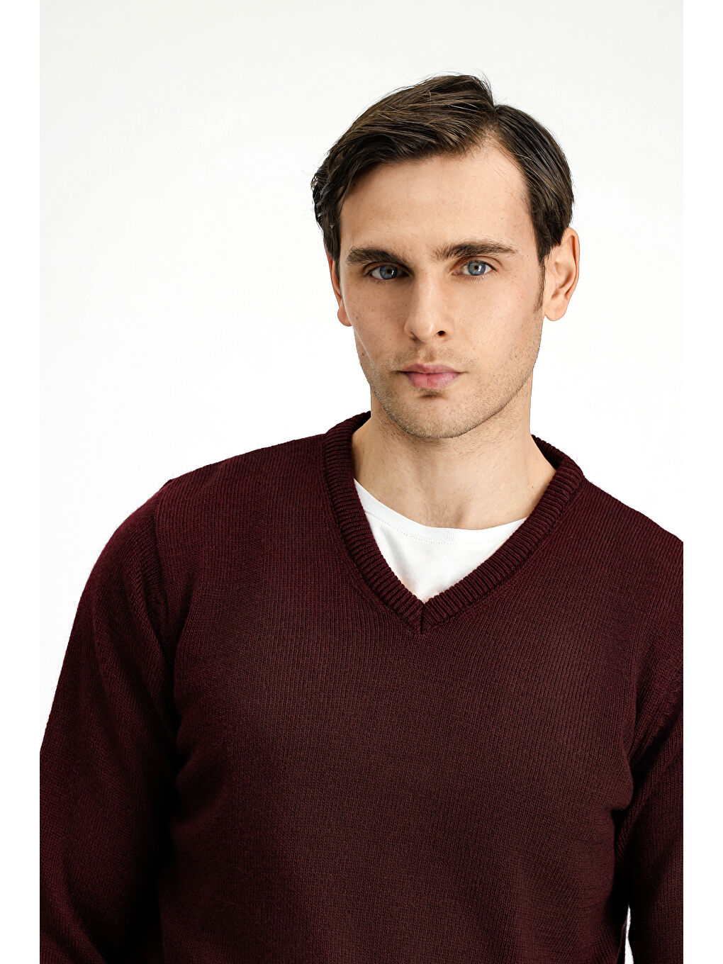 Bordo V Yaka Regular Fit Triko Büyük Beden Kazak-3