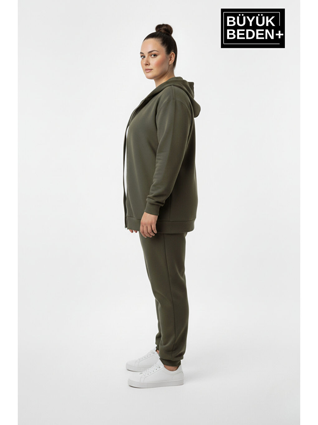 Haki Kadın Büyük Beden Fermuarlı Kapüşonlu Sweatshirt Hırka - Rahat Kalıp SPR26BHR960-1